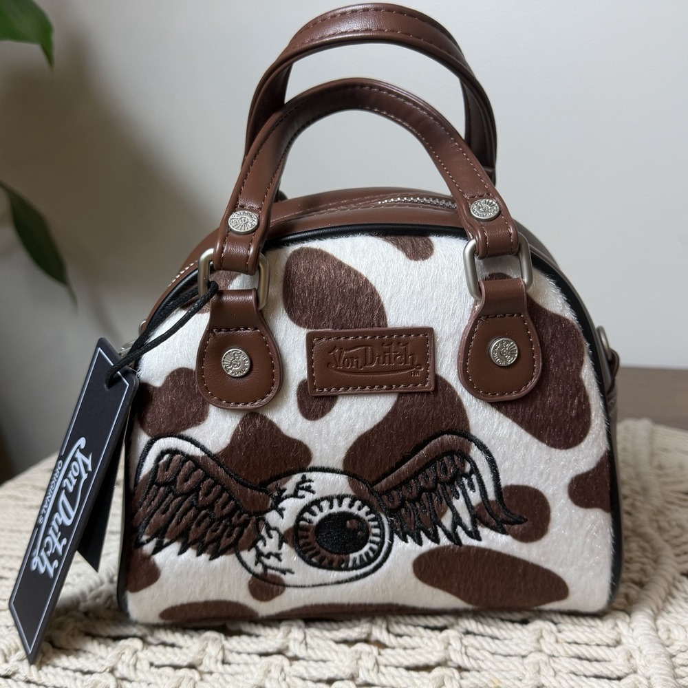 Von Dutch Brown & White Cow Print Satchel Embroidered Eye Wing Purse Bag NWT